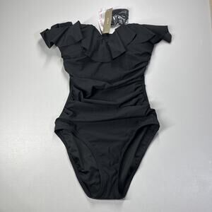 J Crew Matte Ruched One Piece Swimsuit with Ruffles Size 2 Black Bandeau Low Cut